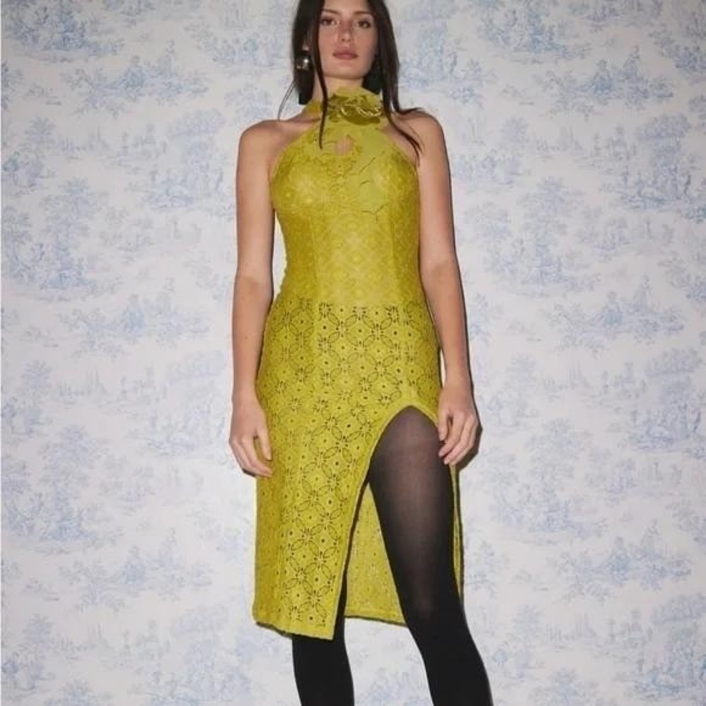 Kimchi Blue Lace Halter Sofia Midi Dress Chartreuse Green Small New With Tags